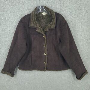 Ll Bean Jacket Womens 1x Plus Cropped Sherpa Lined Faux Suede Button Up Brown